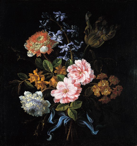 Bouquet of poppy anemones, roses, double campernelle, a hyacinth, a tulip and auricula tied with a b à Jean-Baptiste Monnoyer