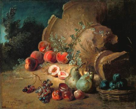 Vie de fruits à côté d'un steingutvase de bien de pierre tombée