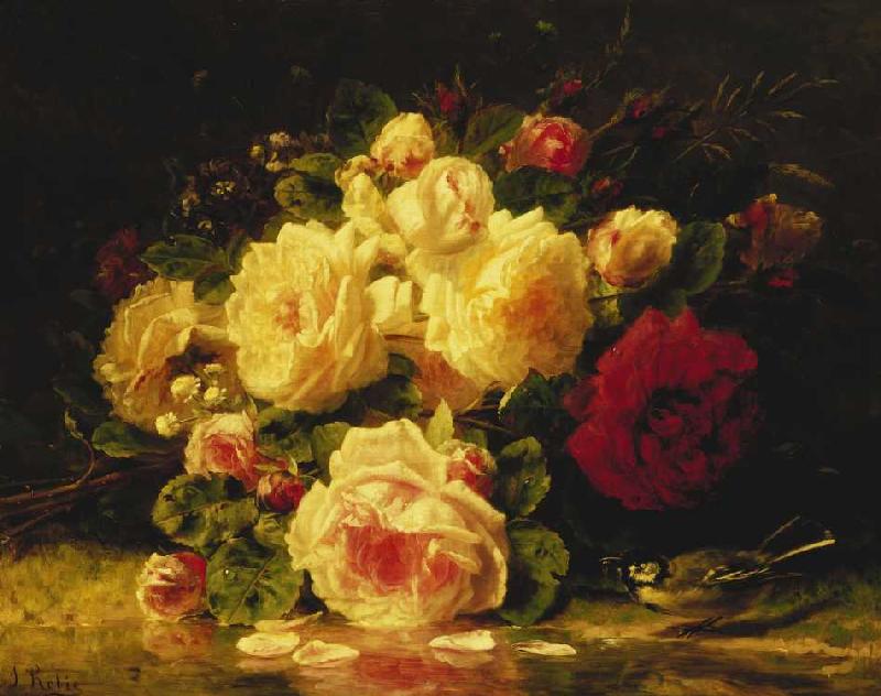 Rosen mit Blaumeise an einem Bach. à Jean Baptiste Robie