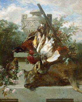 Nature morte de chasse avec des oiseaux, un chevreuil et des fleurs