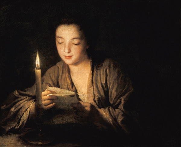 Jeune fille lisant une lettre à la bougie à Jean Baptiste Santerre