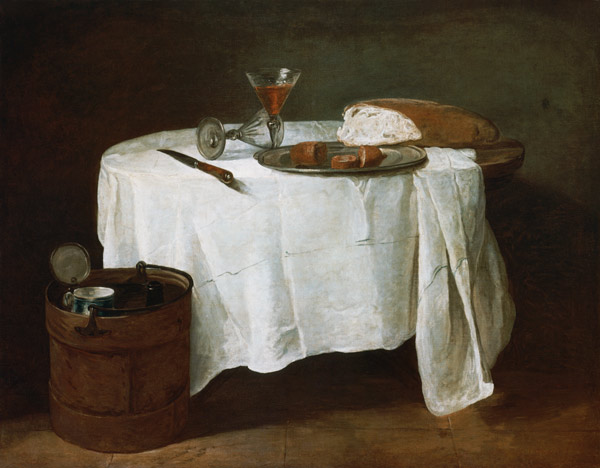 Pain, Saucisse et deux verres de vin sur une table ronde. à Jean-Baptiste Siméon Chardin