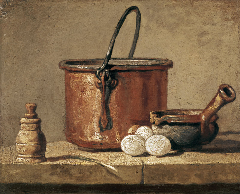 nature morte avec une casserole, pot de poivre et trois oeufs à Jean-Baptiste Siméon Chardin
