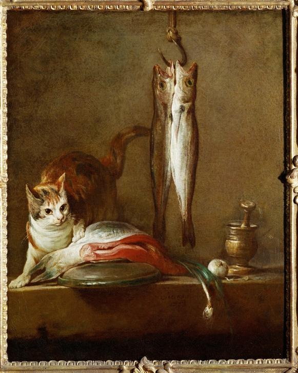 Chat avec tranche de saumon, deux maquereaux, mortier et pi à Jean-Baptiste Siméon Chardin