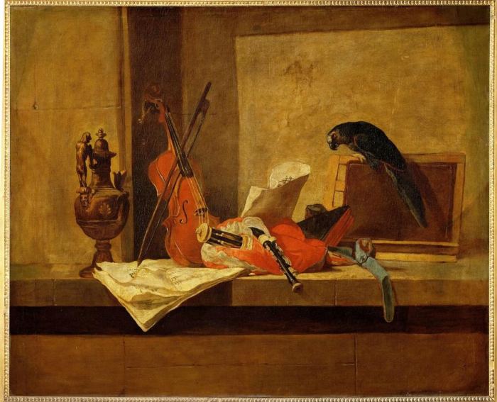 Instruments de musique et perroquet à Jean-Baptiste Siméon Chardin