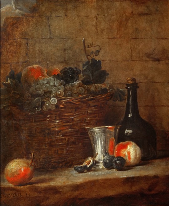 Fruit Basket with Grapes, a Silver Goblet and a Bottle, Peaches, Plums, and a Pear à Jean-Baptiste Siméon Chardin