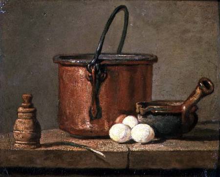 Still Life of Cooking Utensils, Cauldron, Frying Pan and Eggs à Jean-Baptiste Siméon Chardin