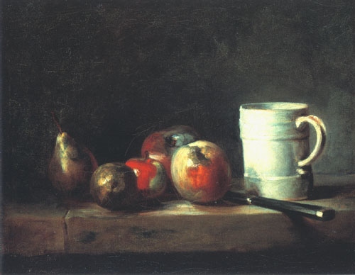 nature morte avec une tasse, Poire, quatre pommes et un mesureur à Jean-Baptiste Siméon Chardin