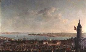 View of Constantinople with a procession of janissaries passing the Galata Tower