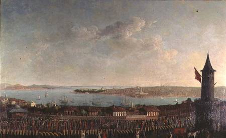 View of Constantinople with a procession of janissaries passing the Galata Tower à Jean Baptiste Vanmour