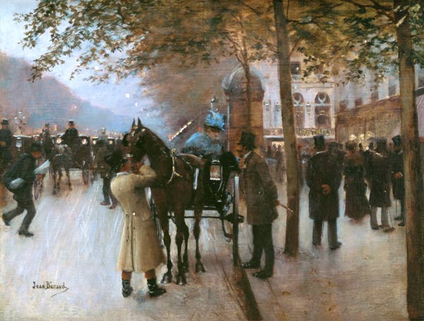 The Boulevards, Evening in Front of the Cafe Napolitain, late 19th century (oil on canvas) à Jean Beraud