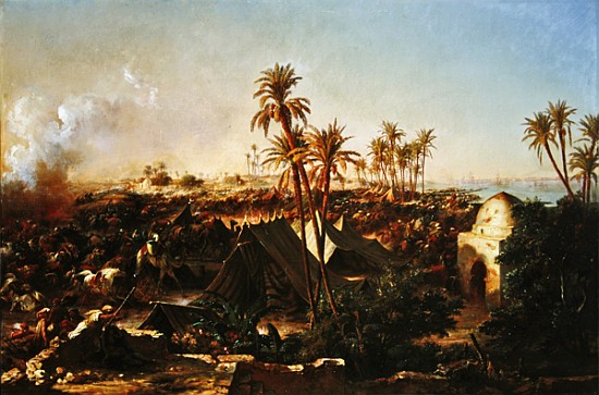 Battle with palm trees and tents à Jean Charles Langlois