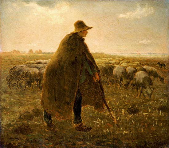 Berger avec le troupeau avec un coucher de soleil à Jean-François Millet