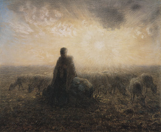 bergère et troupeau à un coucher de soleil à Jean-François Millet