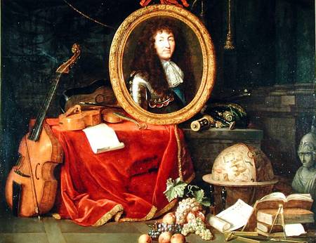Still life with portrait of King Louis XIV (1638-1715) surrounded by musical instruments, flowers an à Jean Garnier