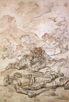 The Sad Situation of Don Quixote and Sancho Panza, Ill-Treated by the Galley Slaves (black chalk & b à Jean Honoré Fragonard