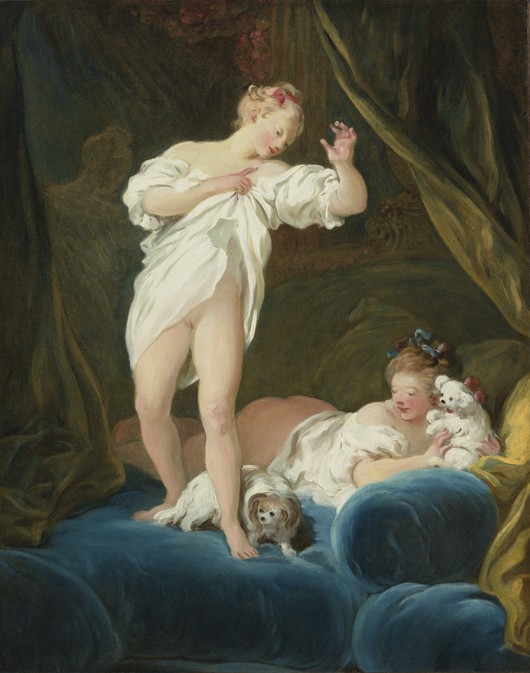 Two Girls on a Bed Playing with their Dogs à Jean Honoré Fragonard