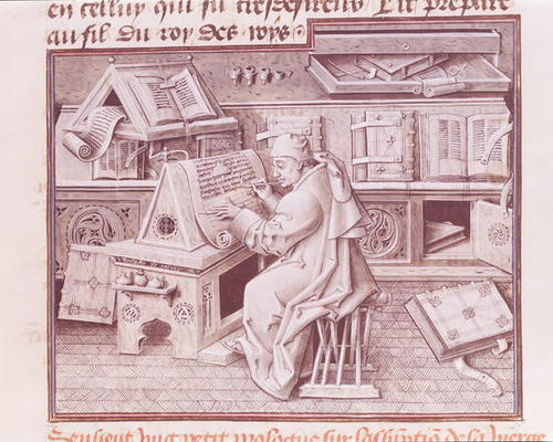 Ms 9198 f.19 The copyist Jean Mielot (fl.1448-68) working in his scriptorium, from ' Life and Miracl à Jean I Le Tavernier