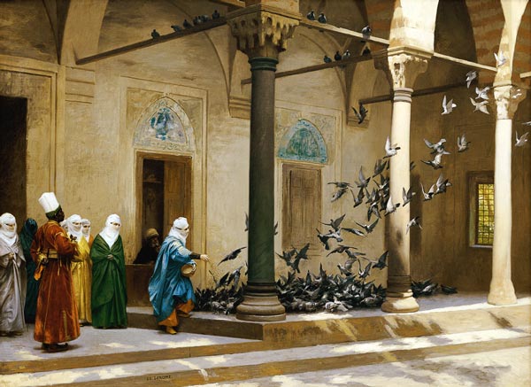 Harem Women Feeding Pigeons In A Courtyard à Jean-Léon Gérome