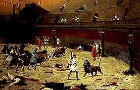 Après la lutte entre esclaves et chats sauvages dans le cirque romain. à Jean-Léon Gérome