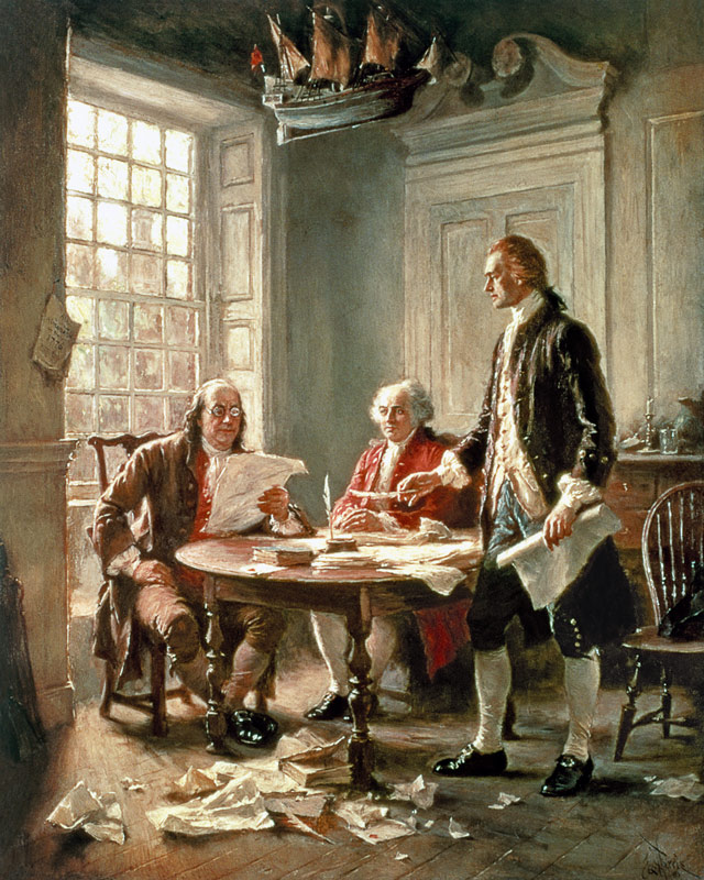 The Drafting of the Declaration of Independence in 1776: (LtoR) Benjamin Franklin (1706-90) à Jean Léon Gérôme Ferris