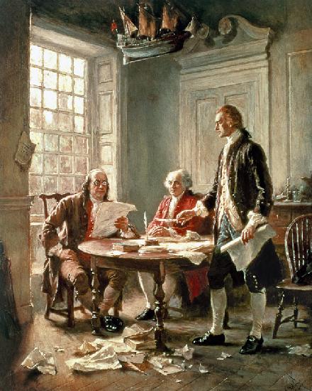 The Drafting of the Declaration of Independence in 1776: (LtoR) Benjamin Franklin (1706-90)