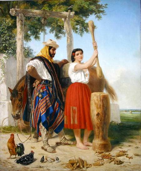 The pounding of the corn; Spanish American Scene à Jean-Leon Palliere