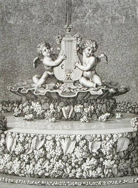 Two Cupids holding a lyre, a fountain at Versailles, 1677, from 'Les Plans, Profils et Elevations de à Jean Lepautre