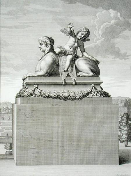 Figure of a sphinx in white marble, carrying a bronze Cupid, at Versailles, 1676, from 'Vues et Plan à Jean Lepautre