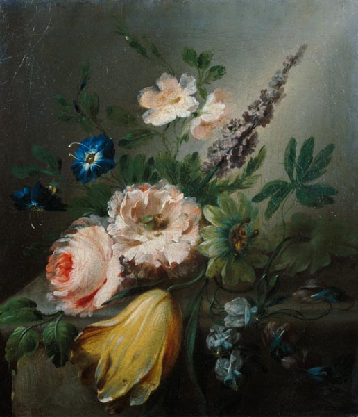 Still life of roses, passion flowers, a tulip and other flowers on a stone ledge à Jean Louis Prevost