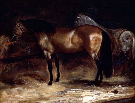 A Bay Horse at a manger, with a grey horse in a rug à Jean Louis Théodore Géricault