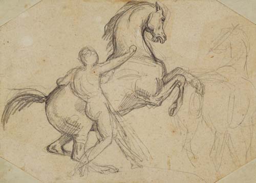 Rearing stallion held by a nude man (pencil) à Jean Louis Théodore Géricault