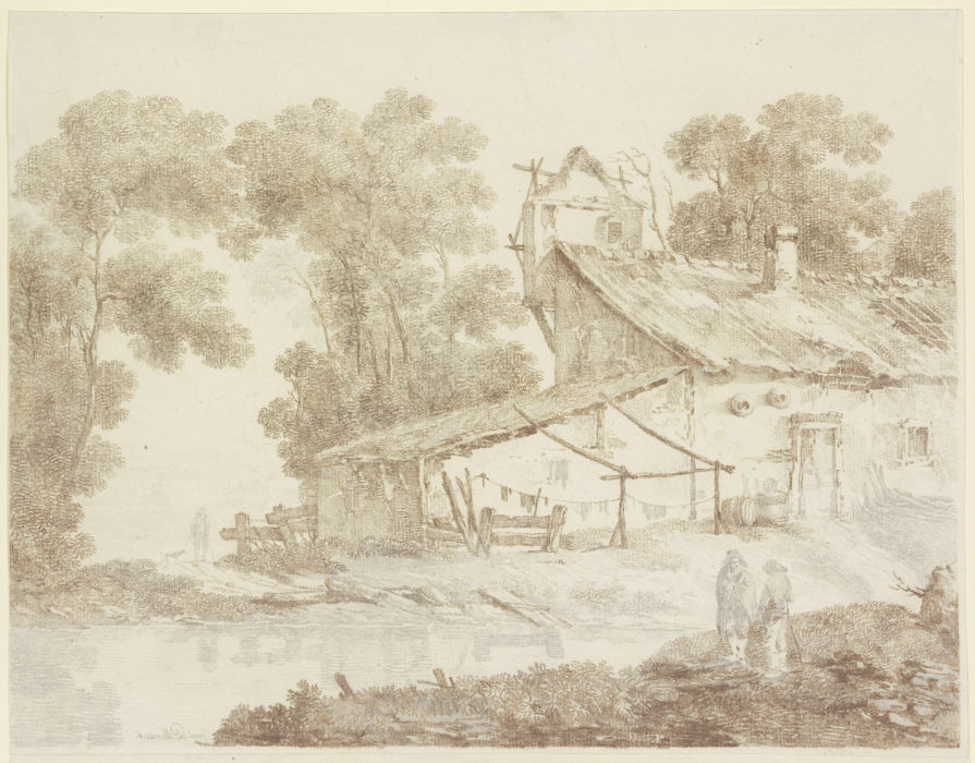 Ärmliches Bauernhaus an einem Gewässer, mit aufgehängter Wäsche à Jean Pillement