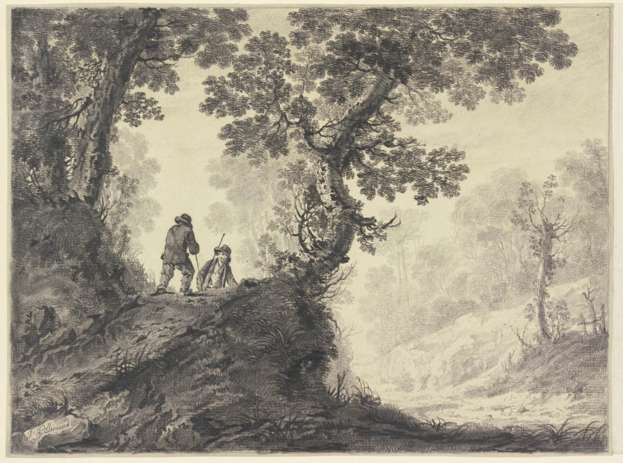 Waldlandschaft, links auf einer Anhöhe zwei Wanderer à Jean Pillement
