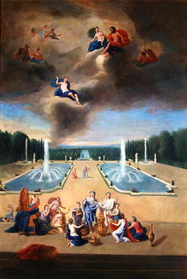 Groves of Versailles. View of the water parterre and the cabinets of animals, with priestesses prepa à Jean le Jeune Cotelle