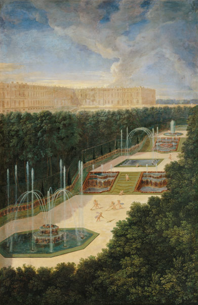 The Groves of Versailles, Perspective View of the Three Fountains with Cherubs Raking and Watering à Jean le Jeune Cotelle