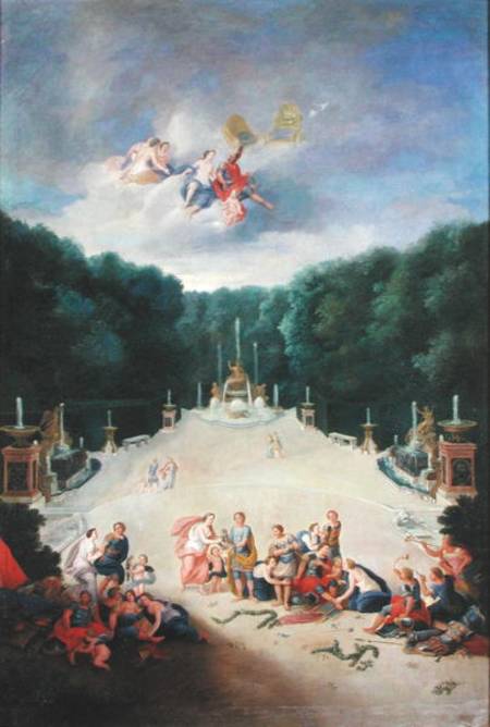The Groves of Versailles. View of the Arc de Triomphe and France Triumphant with Nymphs Chaining Cap à Jean le Jeune Cotelle
