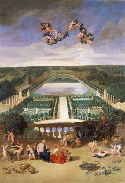 View of the Orangerie at Versailles, from the Piece d'Eau des Suisses and the King's Vegetable Garde à Jean le Jeune Cotelle