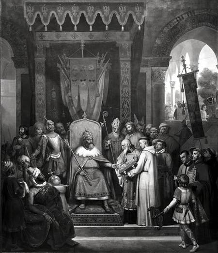 Emperor Charlemagne (747-814) Surrounded by his Principal Officers, Receiving Alcuin c.735-804) who à Jean Victor Schnetz