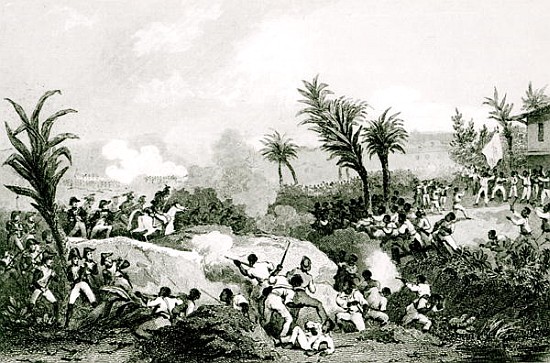 Black revolt in Santo Domingo, 16th September 1802, from ''Histoire Universelle du XIXe siecle'', af à Jean Francois Pourvoyeur