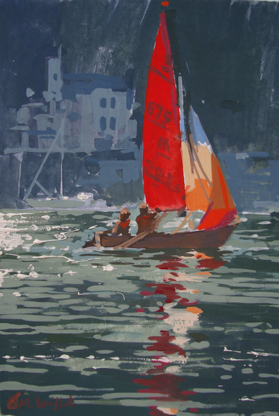 Red sail boat Salcombe à Jennifer Wright