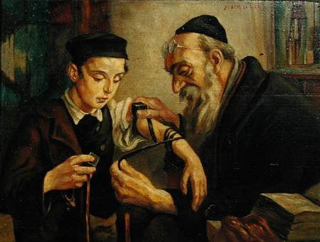 A Rabbi tying the Phylacteries to the arm of a boy à École juive