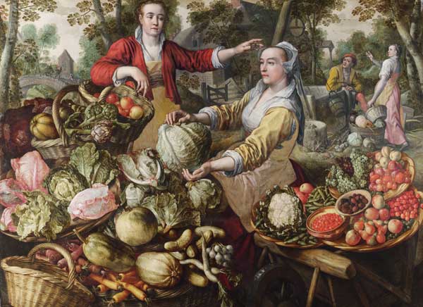 The Four Elements: Earth. A Fruit and Vegetable Market with the Flight into Egypt in the Background à Joachim Beuckelaer
