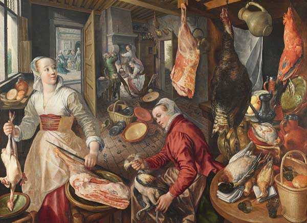 Les 4 éléments: Feu.Scène dans la cuisine avec le Christ dans la maison de Marthe et Marie.  à Joachim Beuckelaer