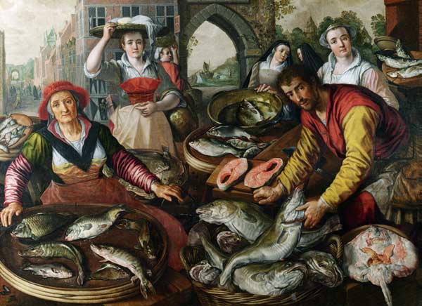 The Four Elements: Water. A Fish Market with the Miraculous Draught of Fishes in the Background à Joachim Beuckelaer