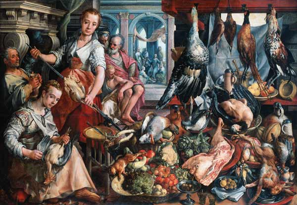The well-stocked kitchen, with Jesus in the house of Martha and Mary in the background à Joachim Beuckelaer