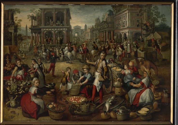 Market place with Scene Ecce homo in the background à Joachim Beuckelaer