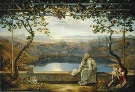 Monk sitting on a Terrace overlooking Lake Nemisee à Joachim Faber