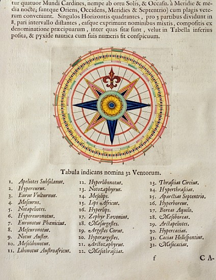 Wind rose with the 32 winds ofthe world, from the ''Atlas Maior, Sive Cosmographia Blaviana'' à Joan Blaeu