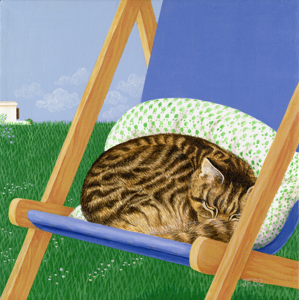 Tabby cat asleep in a deck chair à Joan Freestone